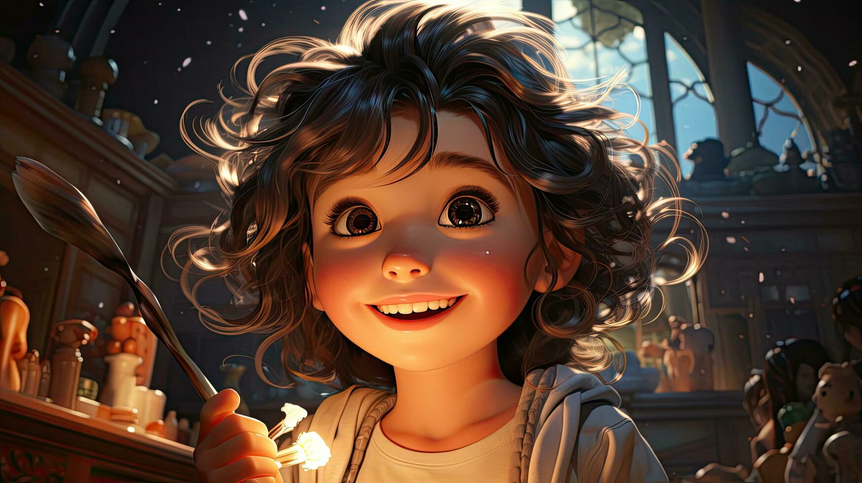 Little joyful child smiling, cartoon girl sorceress playing with a magic wand photo