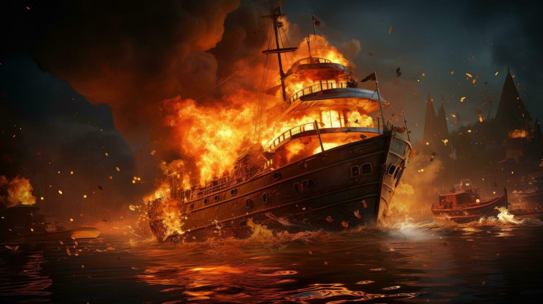 Large cargo merchant ship burns with open flame at sea, fire on a cargo ship photo