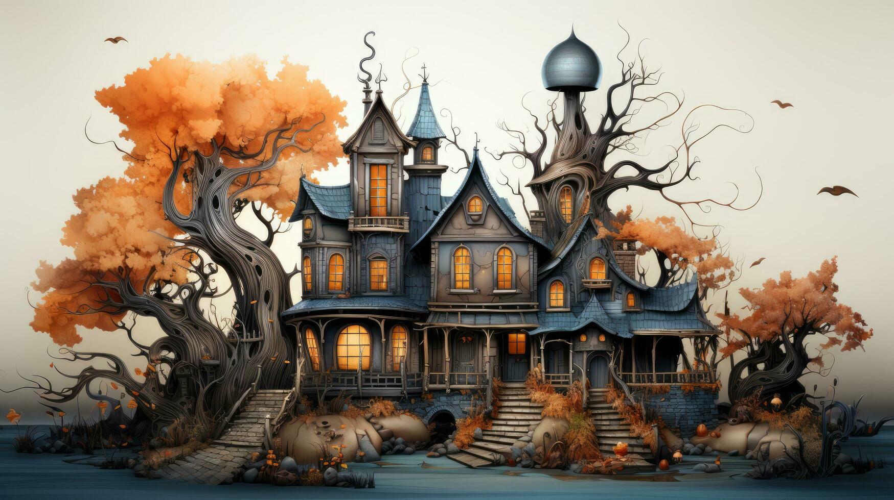 Creepy scary big house mansion castle on a white background, illustration for the holiday Halloween photo