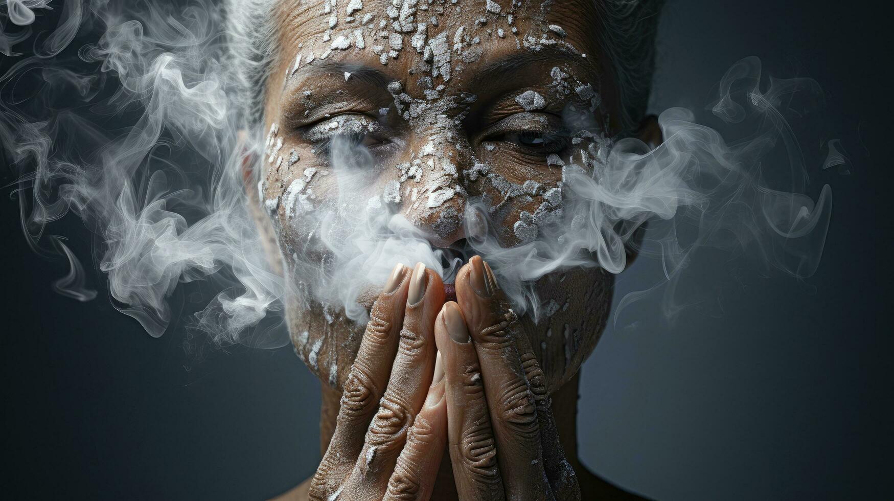 Woman with smoke coming out of her mouth, concept of getting rid of bad habits, quitting smoking photo