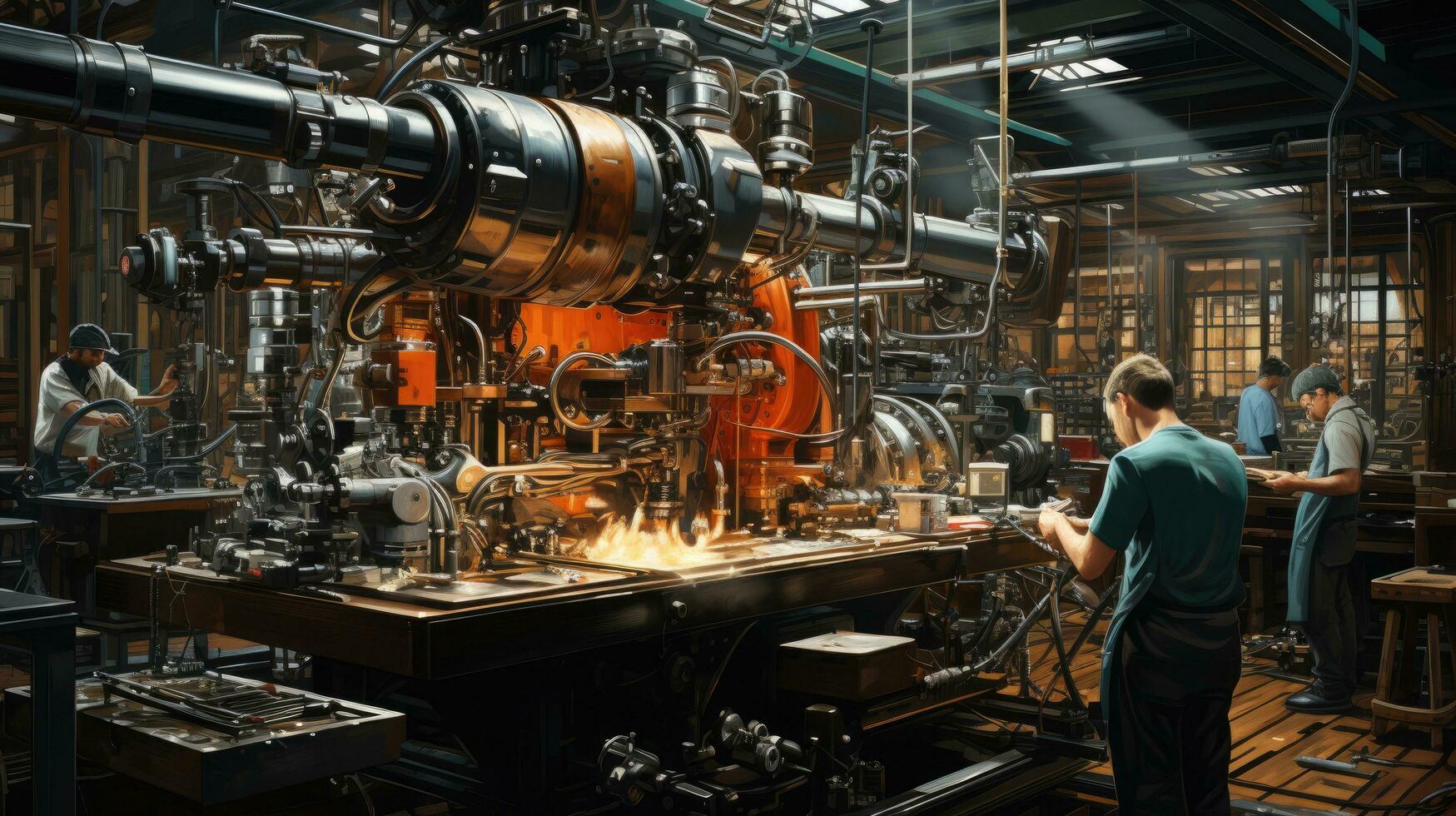 Workshop with equipment and people at work, workers and engineers at a factory in industrial production photo