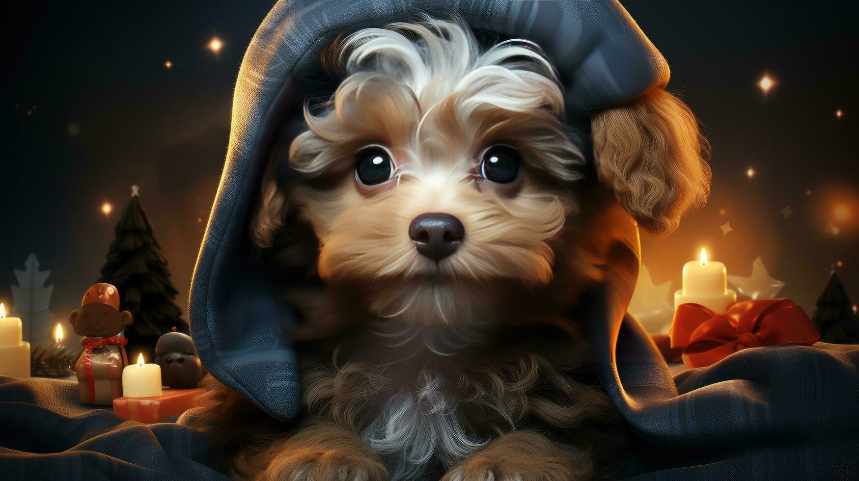 Cute dog in a jacket and hood in the snowy winter for the Christmas and New Year holiday photo