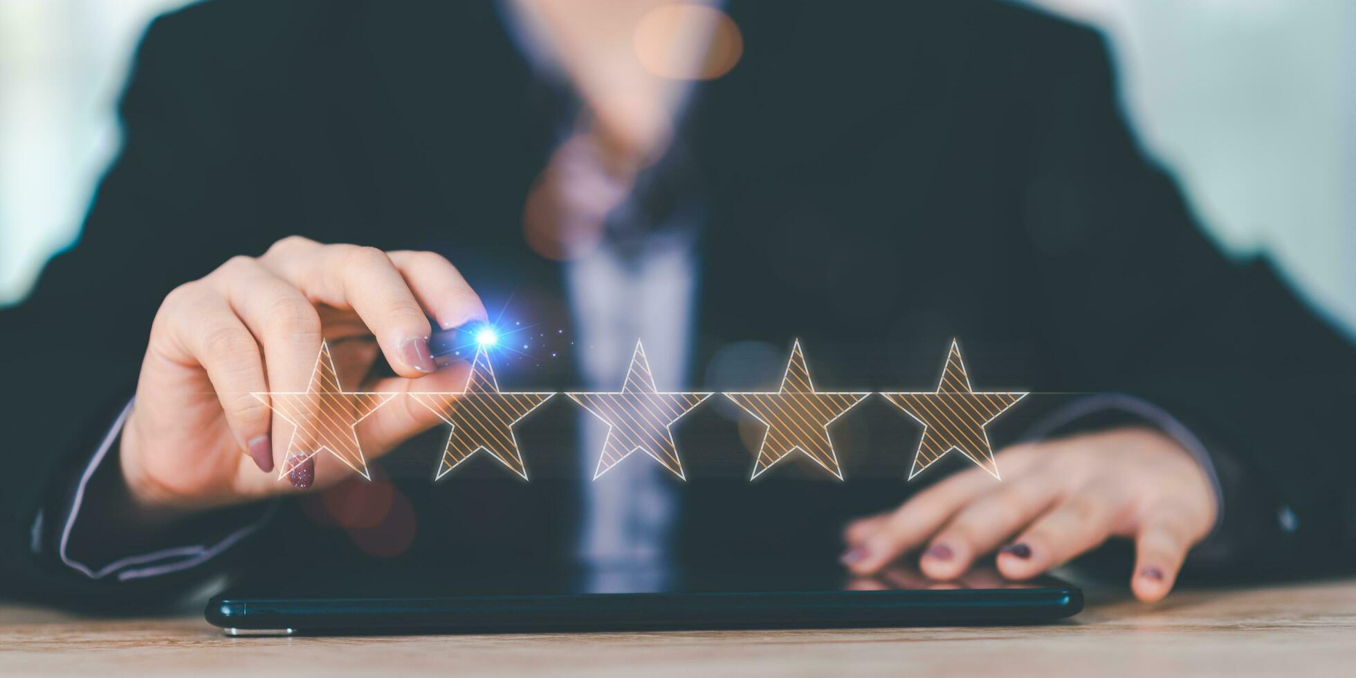 consumers opinion ,rated satisfaction ,Online review score ,Surveys and evaluations with excellent results ,Expressing confidence in service with  star symbol ,customer answer online business surveys photo