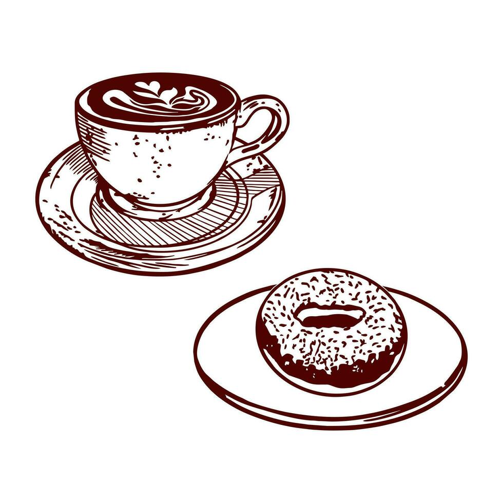 A cup of coffee and a donut on a saucer. Vector illustration of food in graphic style. Design element for menus of restaurants, cafes, food labels, covers, cards.