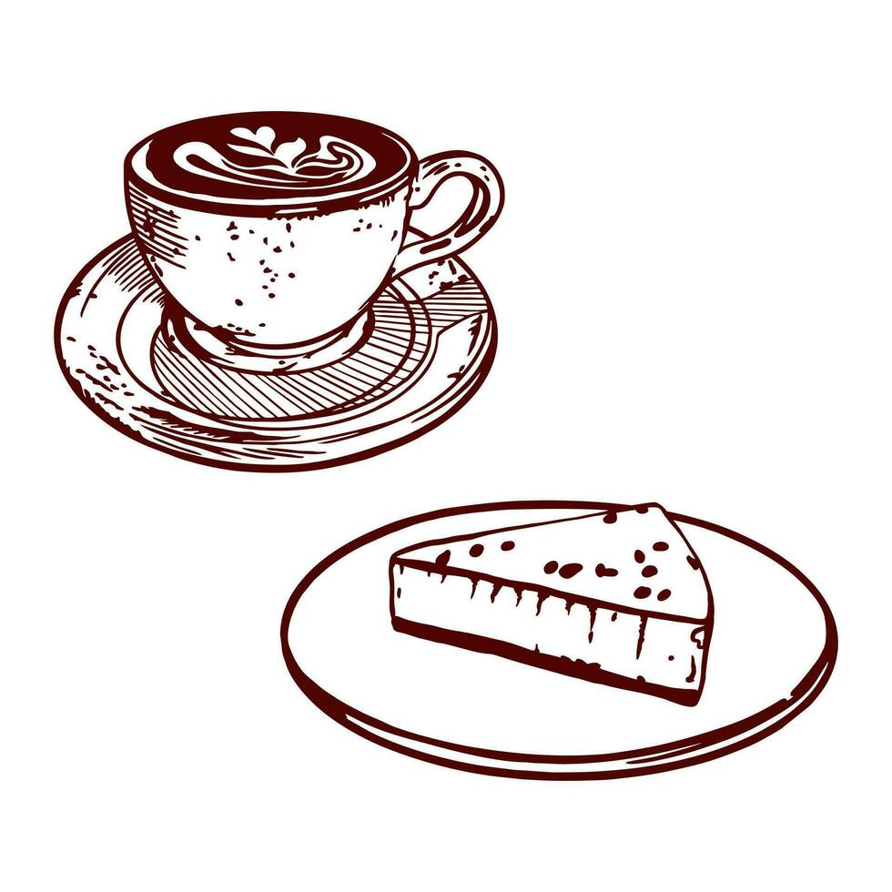 Cup of coffee and cheesecake. Vector illustration of food in graphic style. Design element for menus of restaurants, cafes, food labels, covers.