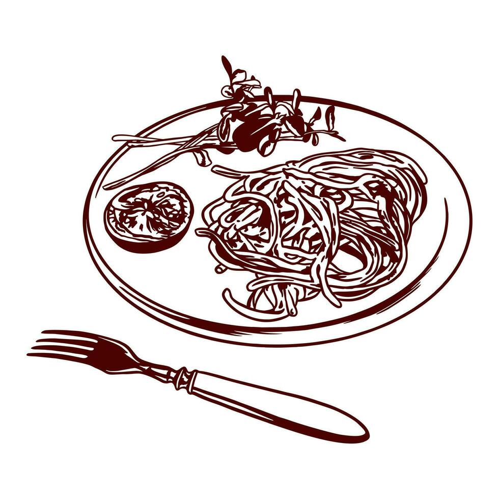Spaghetti on a platter, tomato, fork. Vector illustration of food in graphic style. Design element for menus of restaurants, cafes, snack bars, food labels, covers.