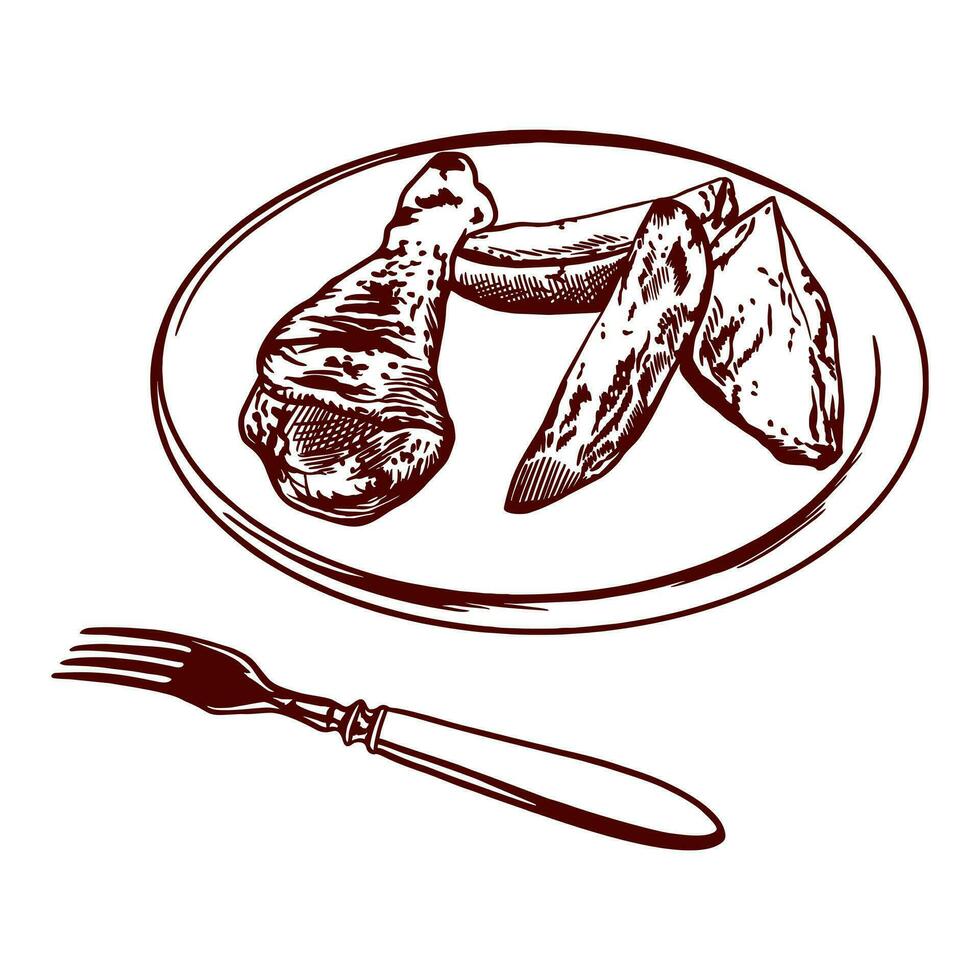 un pedazo de pollo, patata rebanadas, un tenedor. vector ilustración de comida en gráfico estilo. diseño elemento para menús de restaurantes, cafés, comida etiquetas, cubre