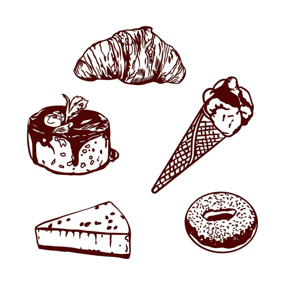 Ice cream, croissant, donut, cheesecake, pastry. Vector illustration of sweet pastries in graphic style. Design element for menus of restaurants, cafes, snack bars, food labels, covers.