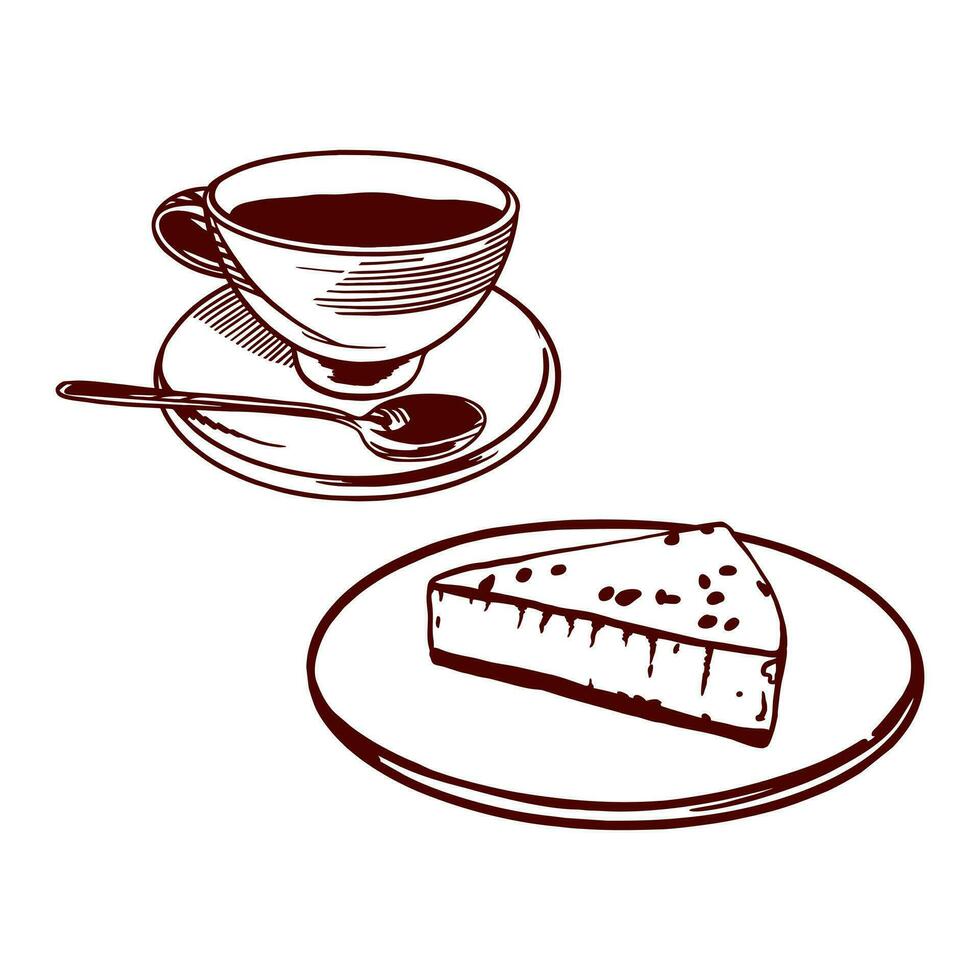 A cup of tea and cheesecake. Vector illustration of food in graphic style. Design element for menus of restaurants, cafes, snack bars, food labels, covers.