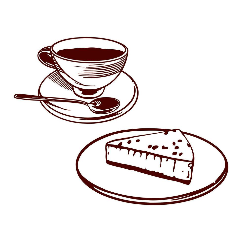 un taza de té y tarta de queso. vector ilustración de comida en gráfico estilo. diseño elemento para menús de restaurantes, cafés, bocadillo barras, comida etiquetas, cubre