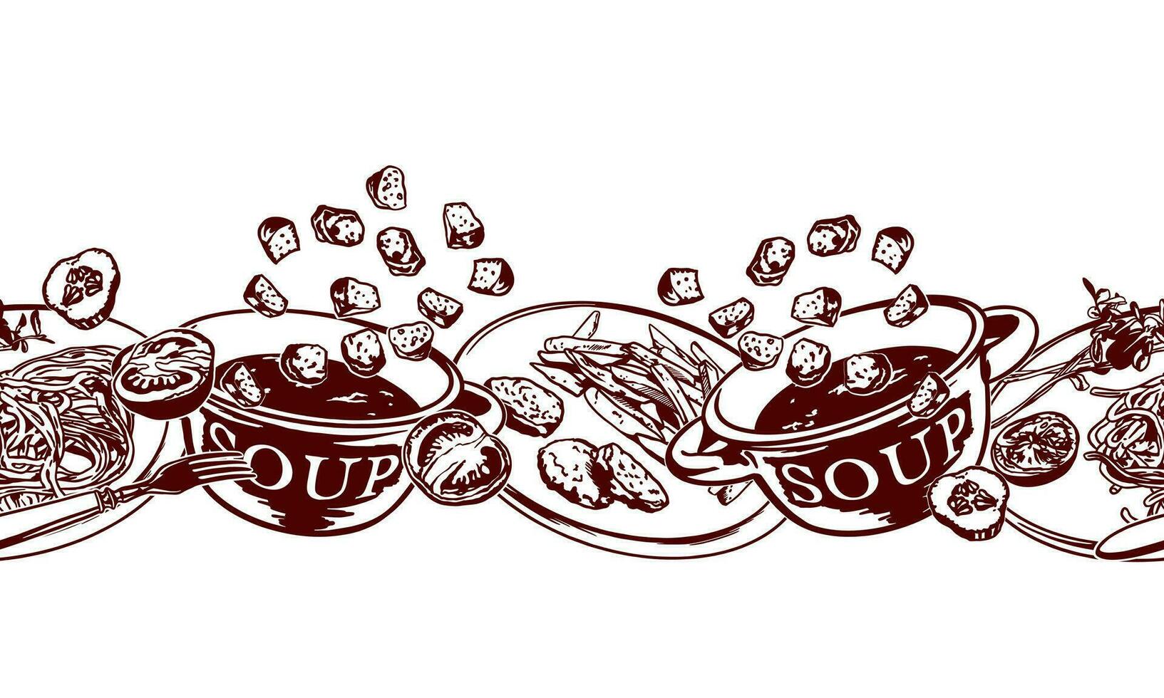 A bowl of soup, croutons, spaghetti, potatoes, tomatoes. Vector illustration of a seamless border in graphic style. Design element for menus of restaurants, cafes, food labels, covers.