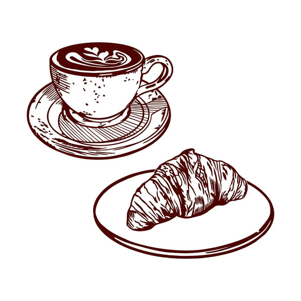 Cup of coffee and croissant on a plate. Vector illustration of breakfast in graphic style. Design element for menus of restaurants, cafes, food labels, covers, cards.