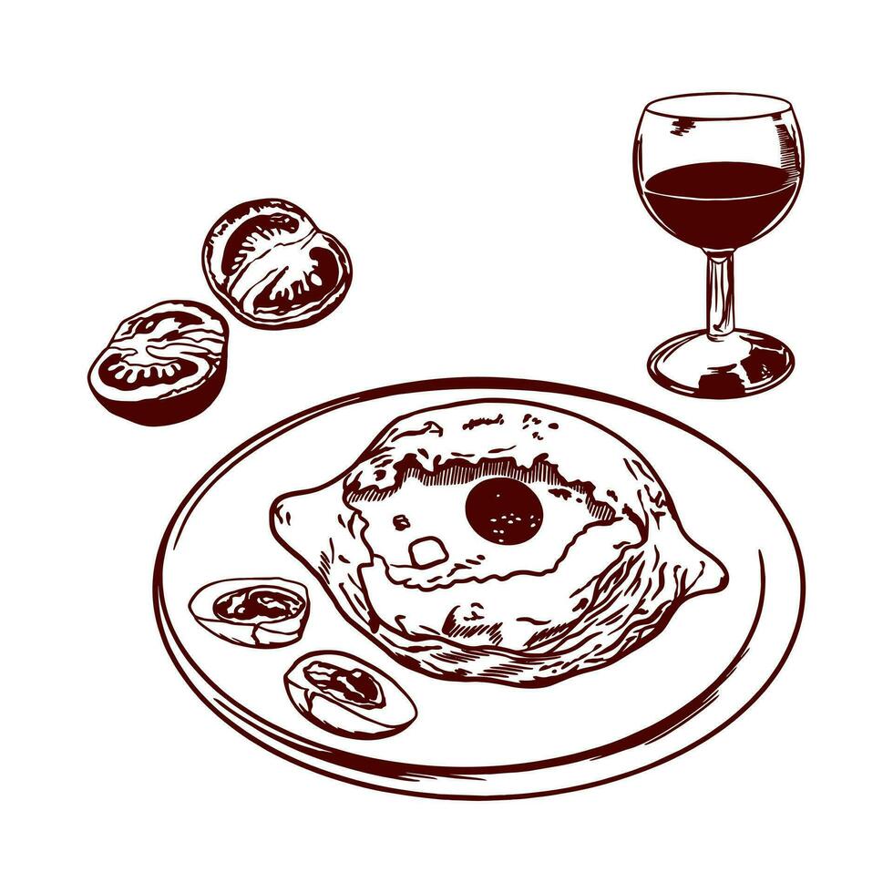 Khachapuri, pieces of egg, tomatoes, glass of wine. Vector illustration of food in graphic style. Design element for menus of restaurants, cafes, food labels, covers, cards.