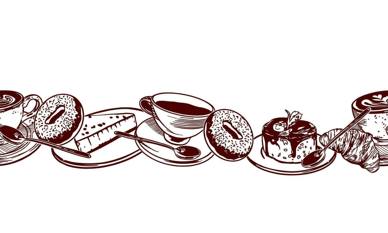 Cup of tea, donuts, croissants, cheesecake, spoon. Vector illustration of a seamless border in graphic style. Design element for menus of restaurants, cafes, food labels, covers.