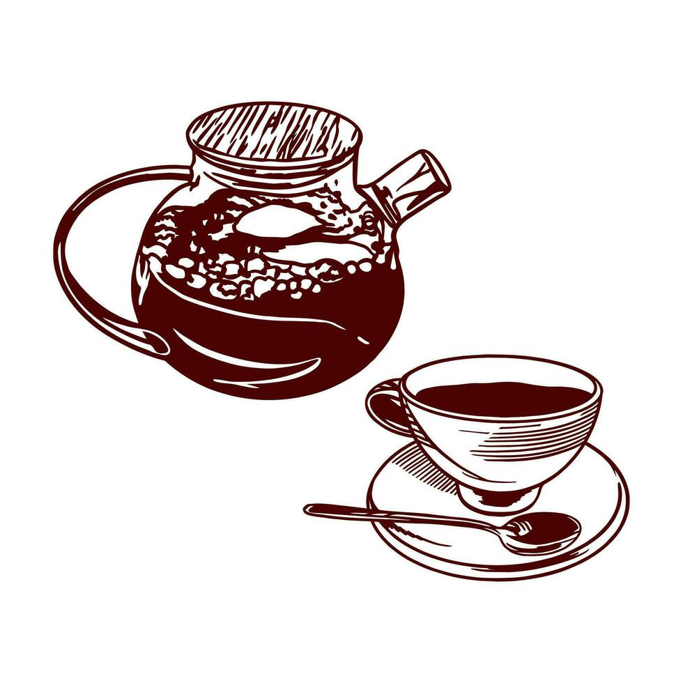 Cup of tea and teapot. Vector illustration of food in graphic style. Design element for menus of restaurants, cafes, snack bars, food labels, covers.
