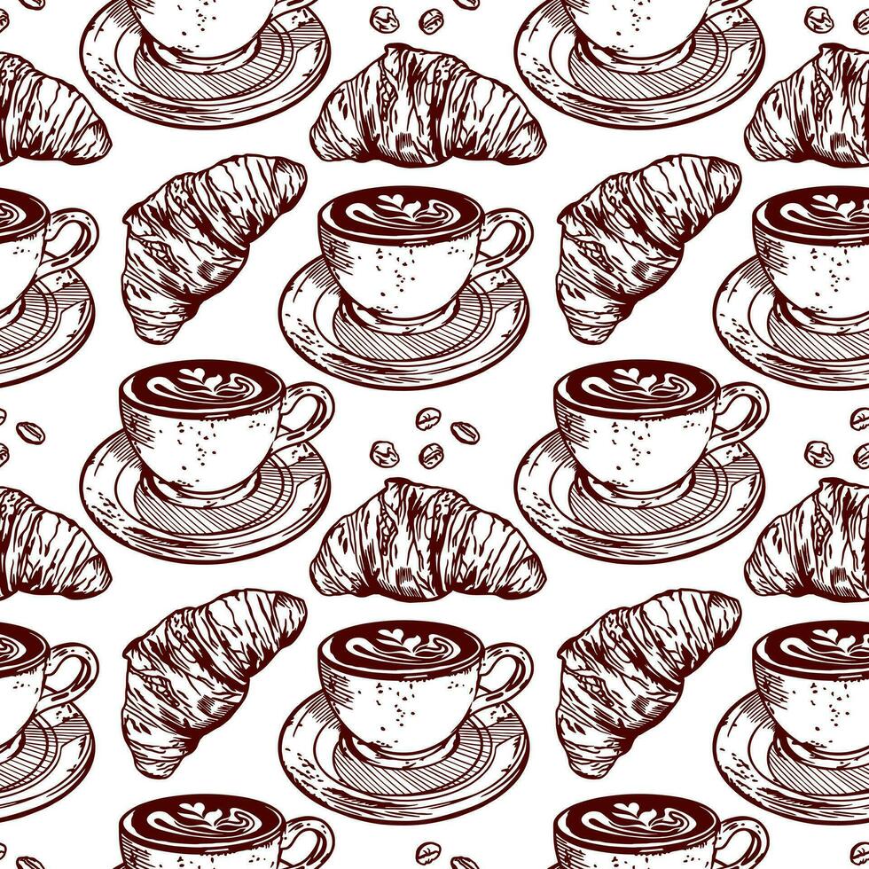 Croissants, cup of coffee, coffee beans. Vector illustration of a seamless pattern in graphic style. Design element for menus of restaurants, cafes, food labels, covers, wrapping paper.