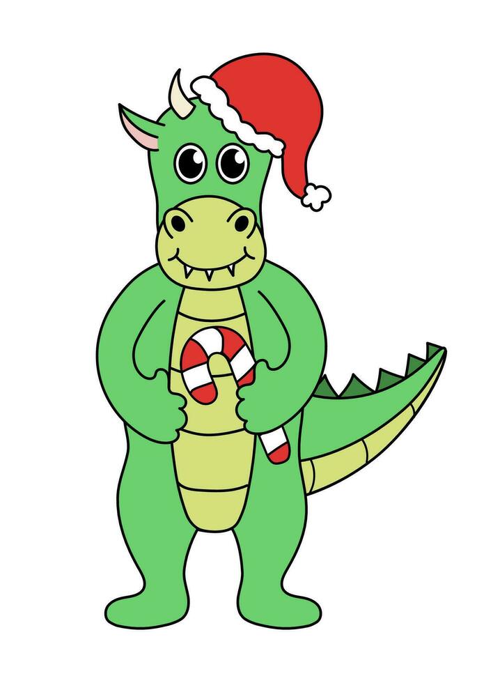 Cartoon Christmas and New Year Dragon character. Cute Dragon with candy cane and Santa hat. Vector flat illustration.