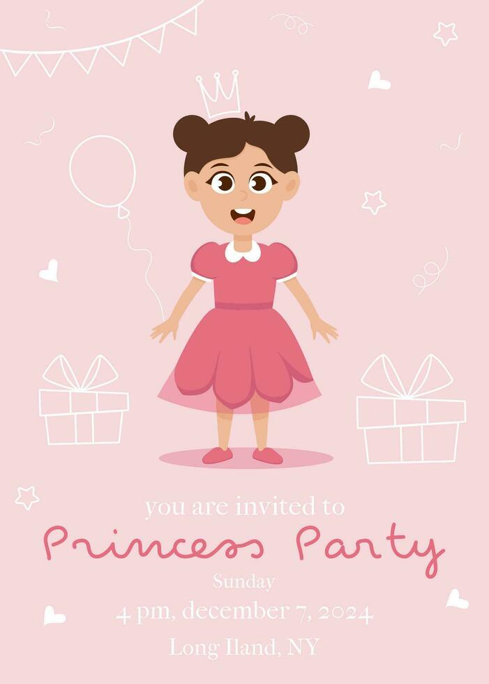 princesa cumpleaños fiesta invitación tarjeta con linda pequeño niña en rosado vestir vector