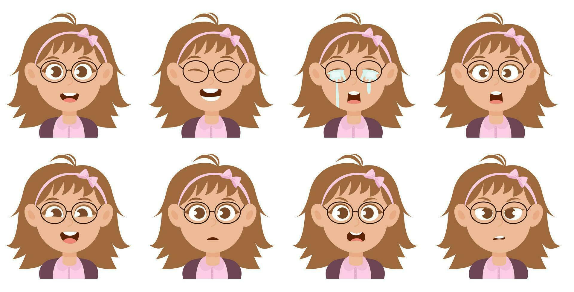 linda pequeño niña vistiendo lentes con diferente emociones vector