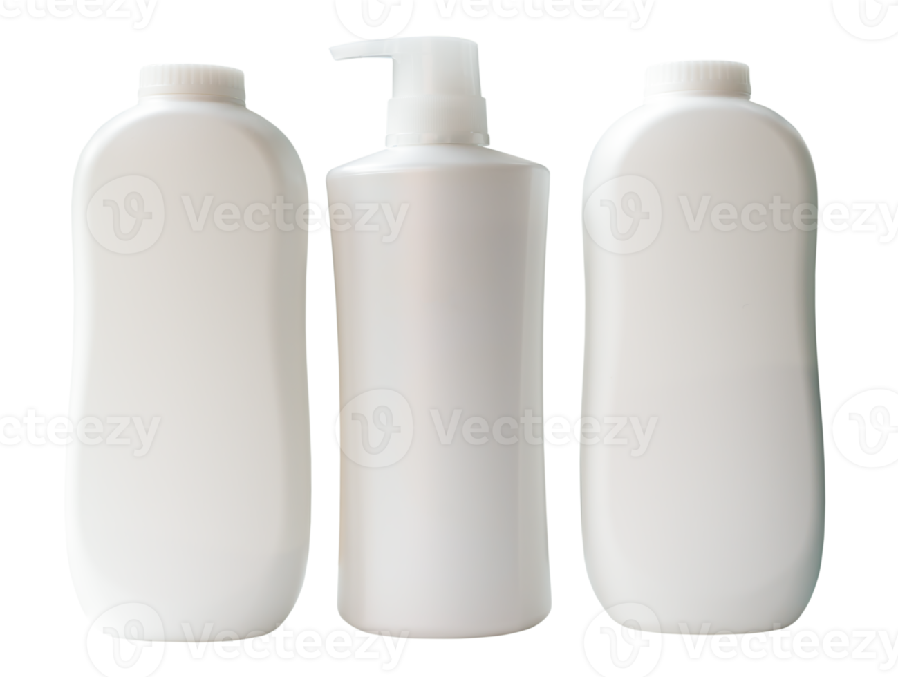 Set of three white shampoo or hair conditioner and powder bottle or container isolated with clipping path in png file format