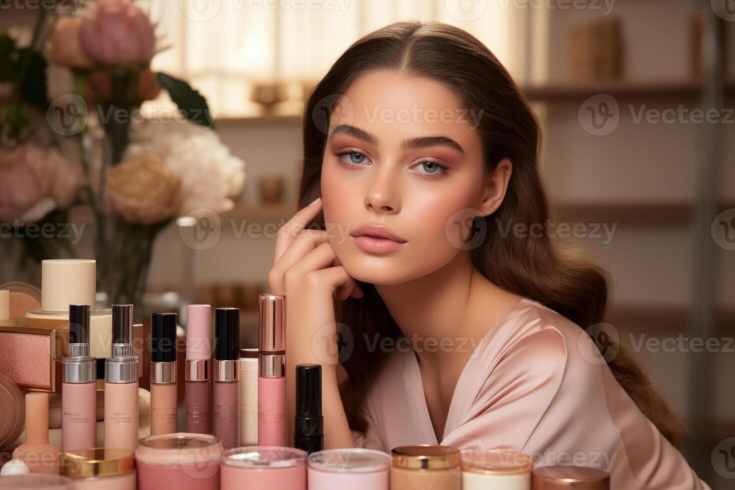 hermosa joven mujer con maquillaje productos en belleza salón. espacio para texto foto