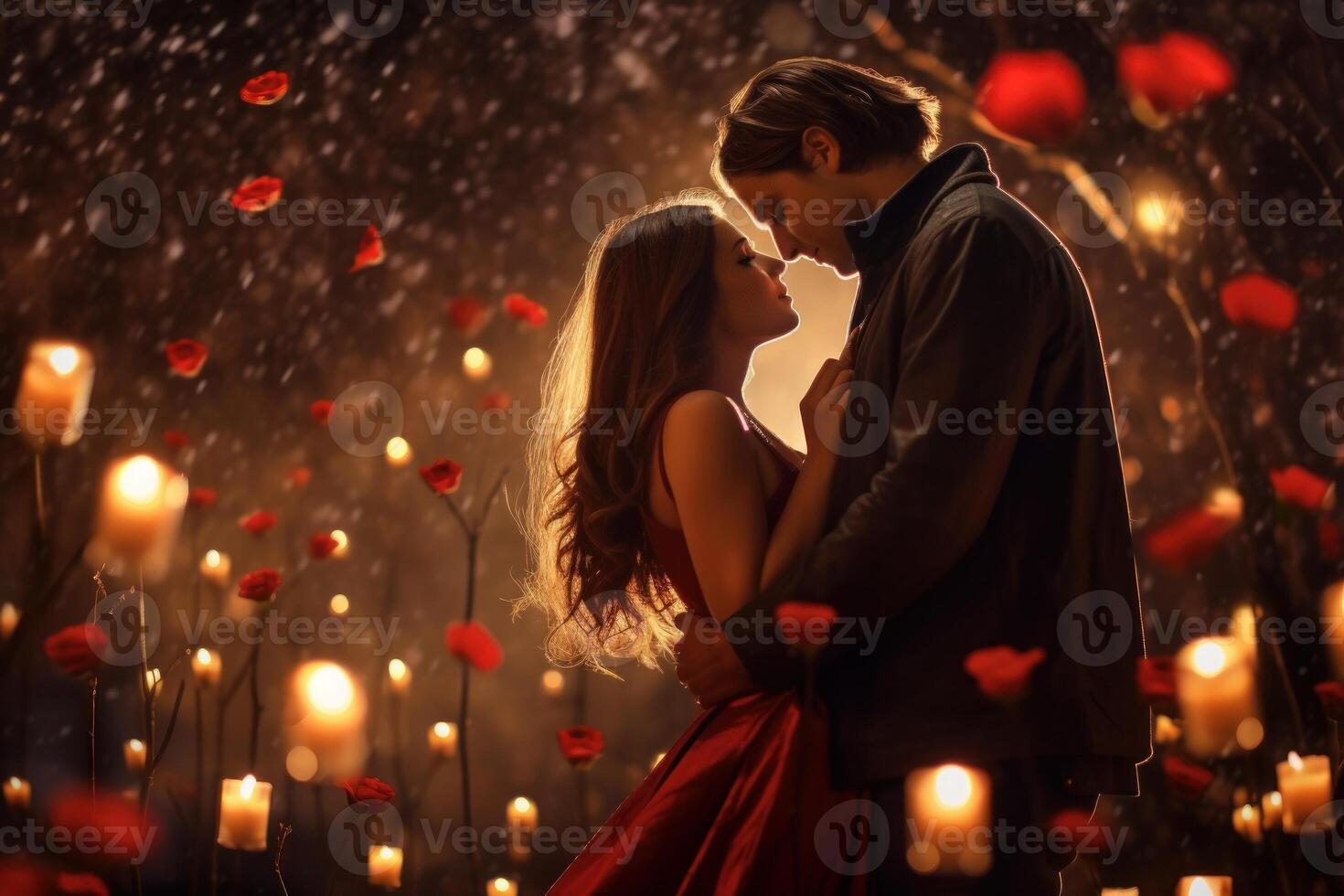 Young couple in love kissing in a red dress on a background of burning candles photo