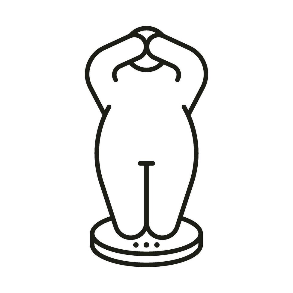 Measure body of person on scales, control weigh obese line icon. Hide eyes from fat figure surprise and big size man. Vector outline illustration