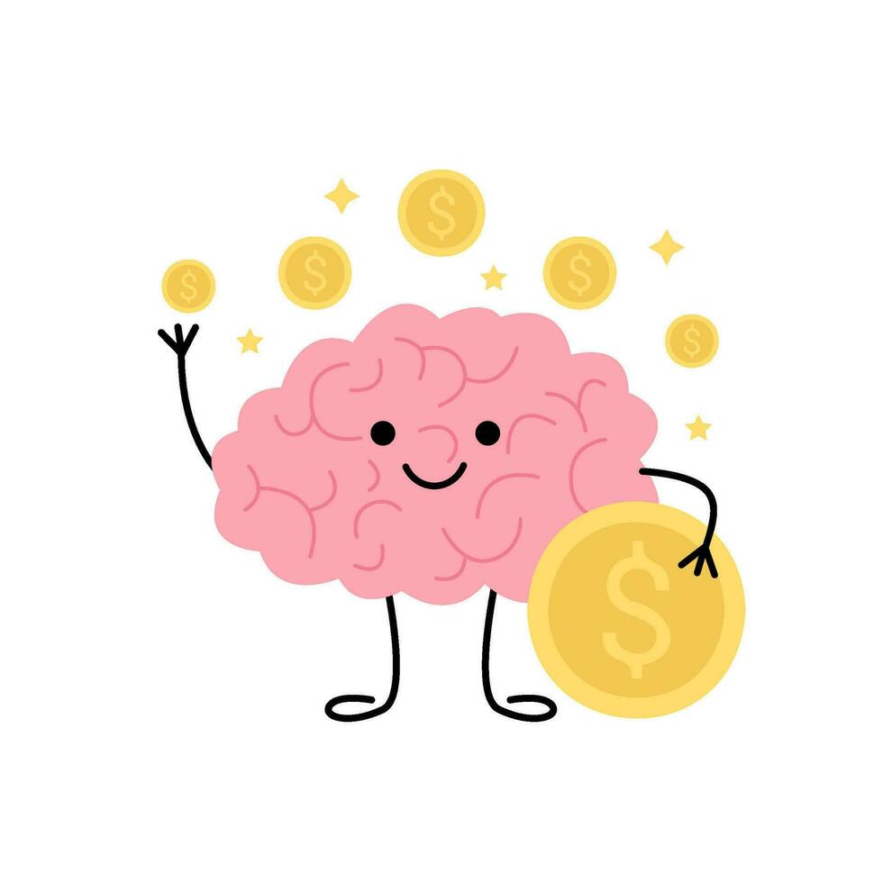 Brain with money, cute child character for finance success. Happy brain surrounded by money. Finance guidance, investment, money safe management. Vector illustration