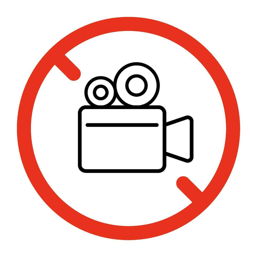 Prohibited video camera, no shooting film on camera sign. Forbidden camcorder symbol. Vector sign