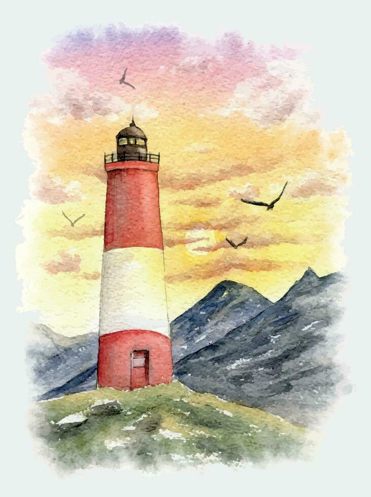 Watercolor lighthouse illustration with seagulls. Hand-drawn scenery vector background Perfect for card, invitation, tags, printing.
