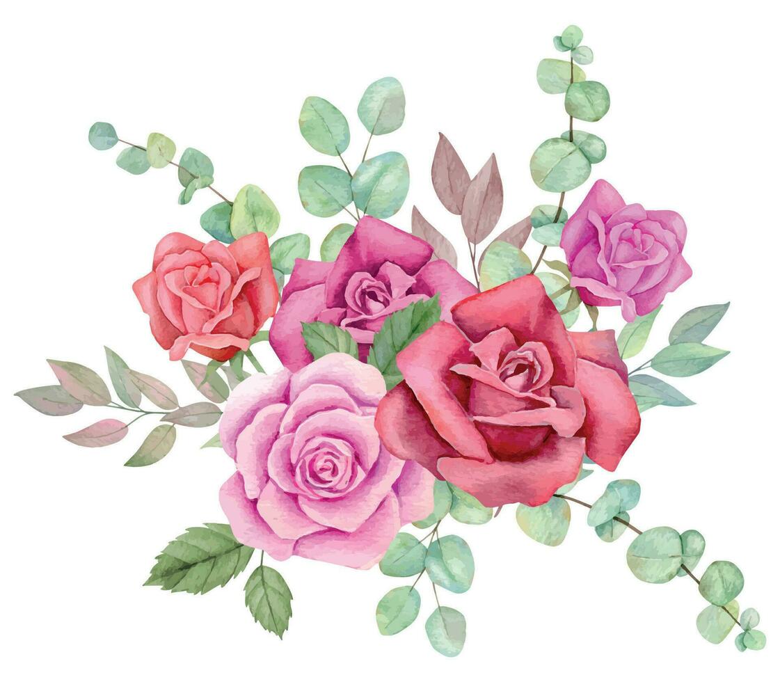 Watercolor rose and eucalyptus bouquet. Vector Greenery floral design. Hand drawn watercolor Valentine's Day illustration. Decorative design elements.