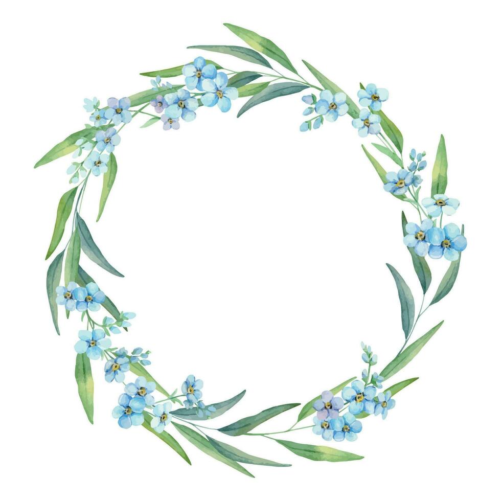 Watercolor Forget-Me-Nots wreath. Greenery Floral frame. Hand drawn watercolor illustration. Decorative design elements vector