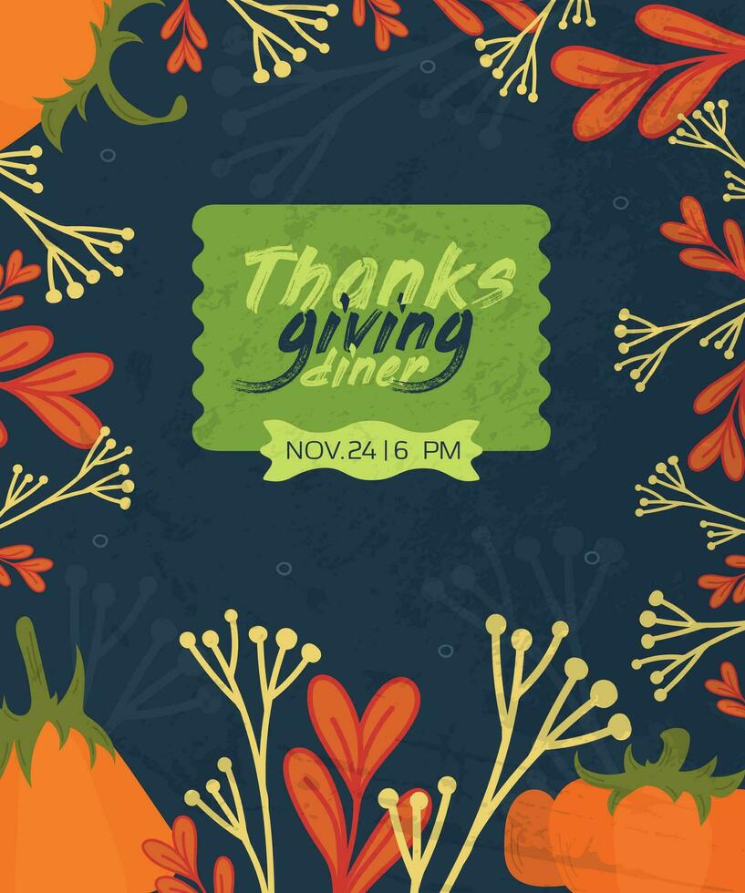 Thanksgiving invitation to dinner with pumpkin and leaves in vector, dark blue background vector