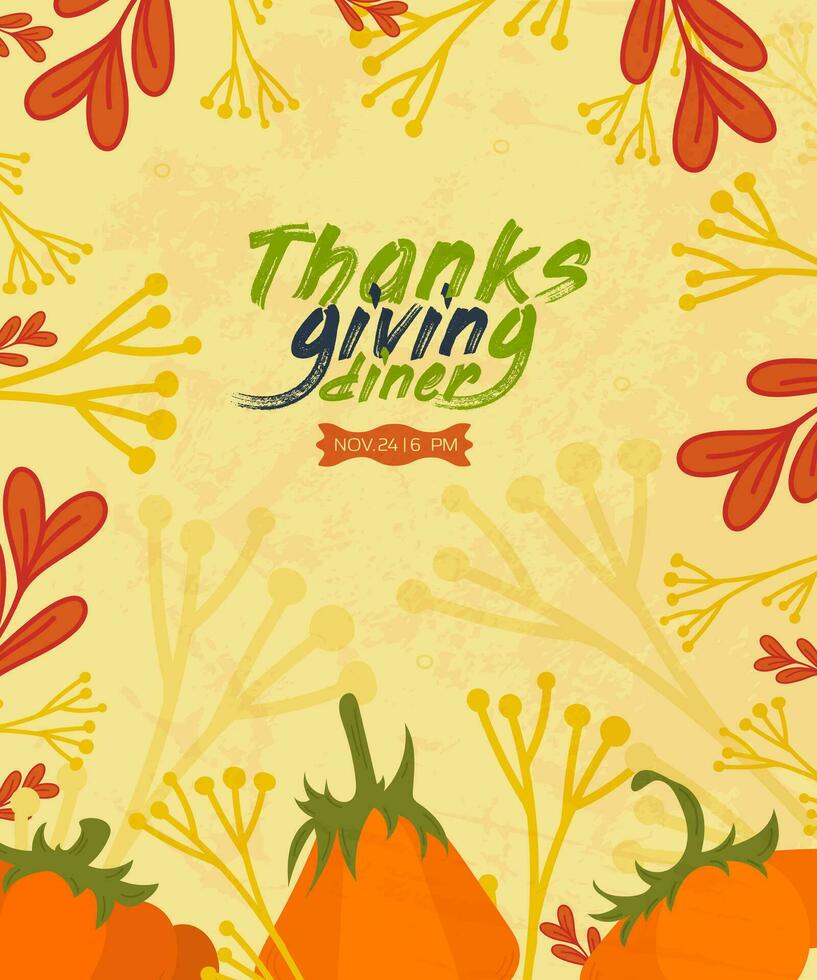 Thanksgiving invitation to dinner with pumpkin and leaves in vector, yellow background vector