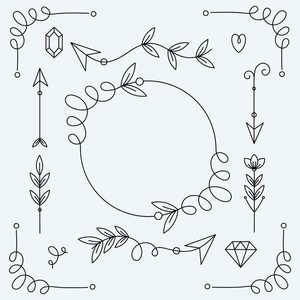 Hand drawn vector arrows and dividers. Lines, borders and frames set. Doodle design elements.