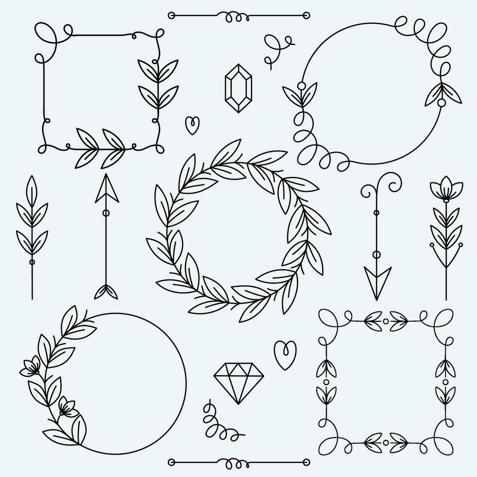 Hand drawn vector frame and dividers set. Round and square frames. Doodle design elements.