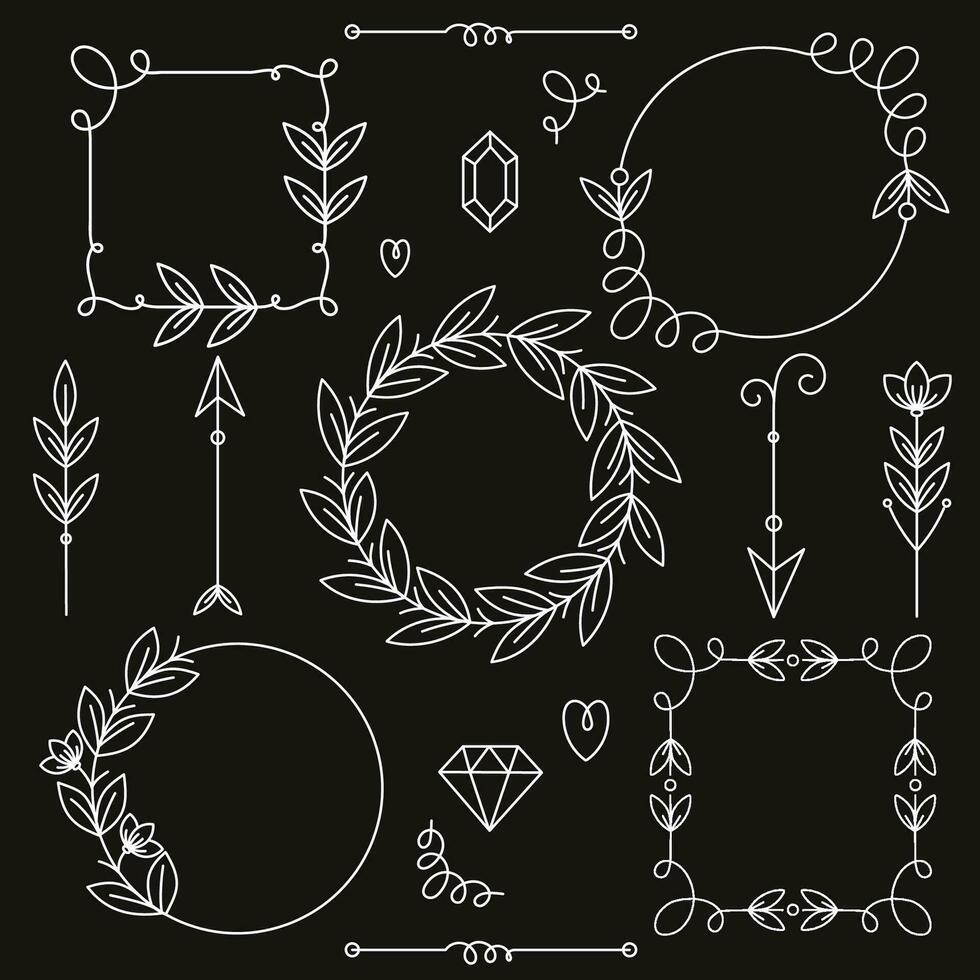 Hand drawn vector frame and dividers set. Round and square frames on black background. Doodle design elements.