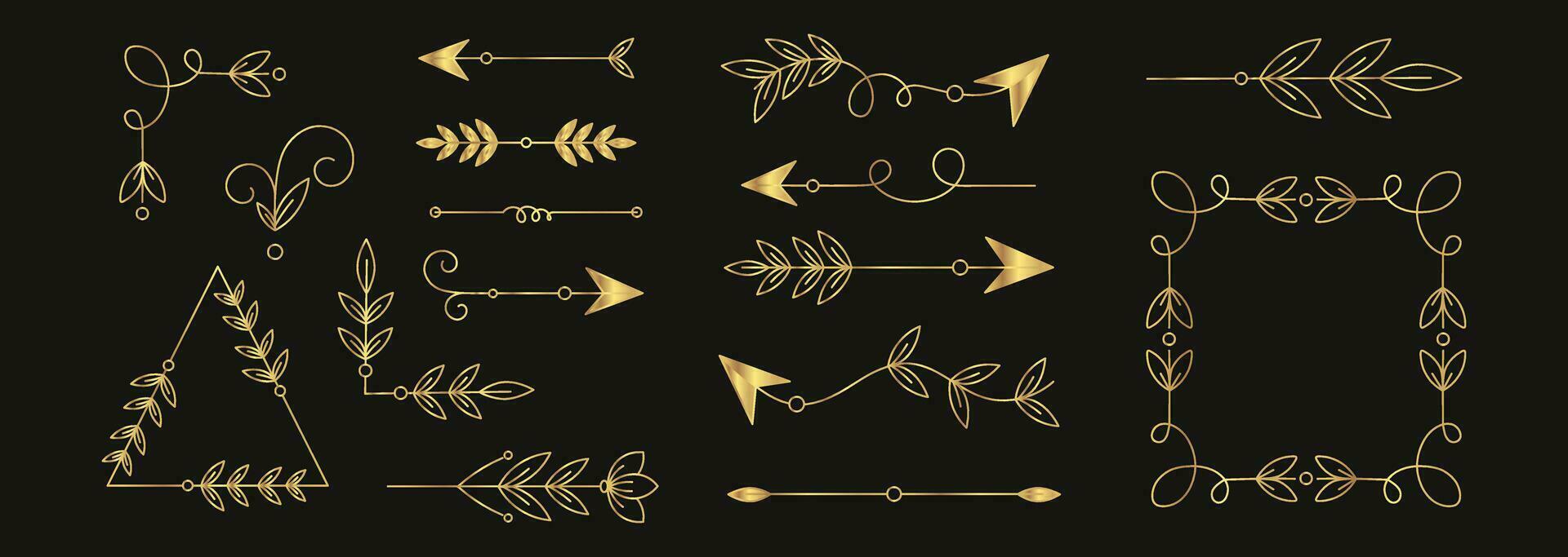 Hand drawn vector gold arrows and dividers with leaves. Lines, borders and frames set. Doodle design elements.