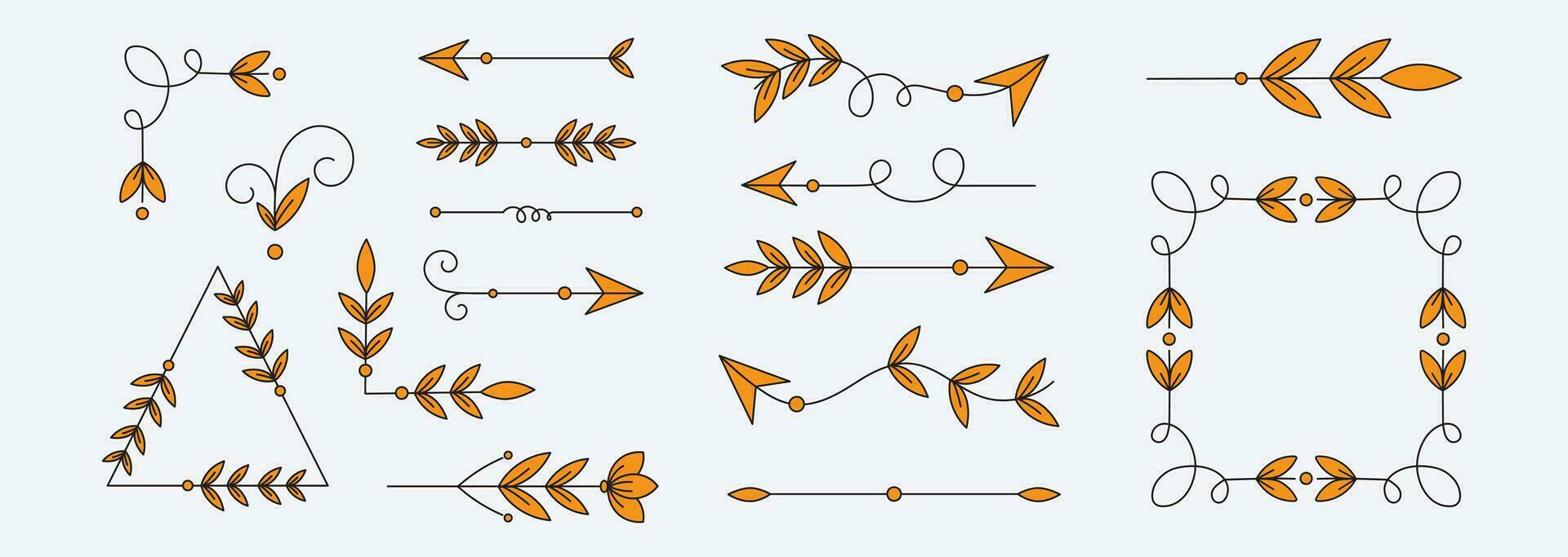 Hand drawn vector arrows and dividers with leaves. Lines, borders and frames set. Doodle design elements.