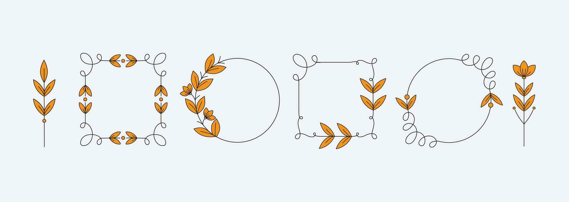 Hand drawn vector frame set. Round and square frames with orange color. Doodle design elements.