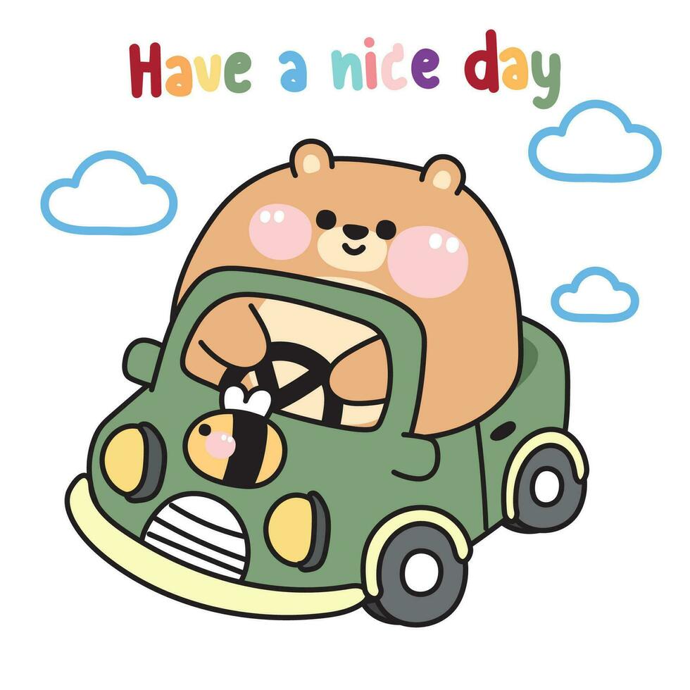 Cute fat bear drive green car with cloud on white background.Chubby wild vector