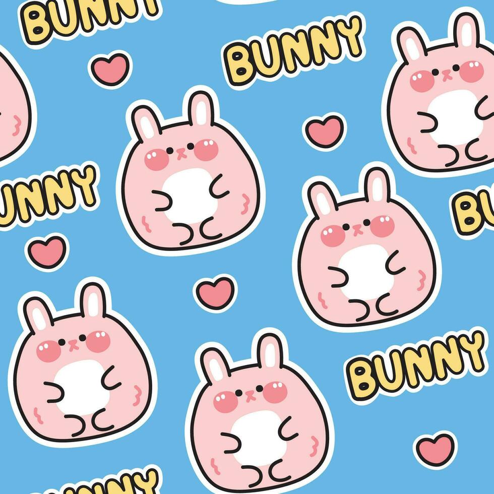 Seamless pattern of cute chubby rabbit with text and heart on blue background.Rodent vector