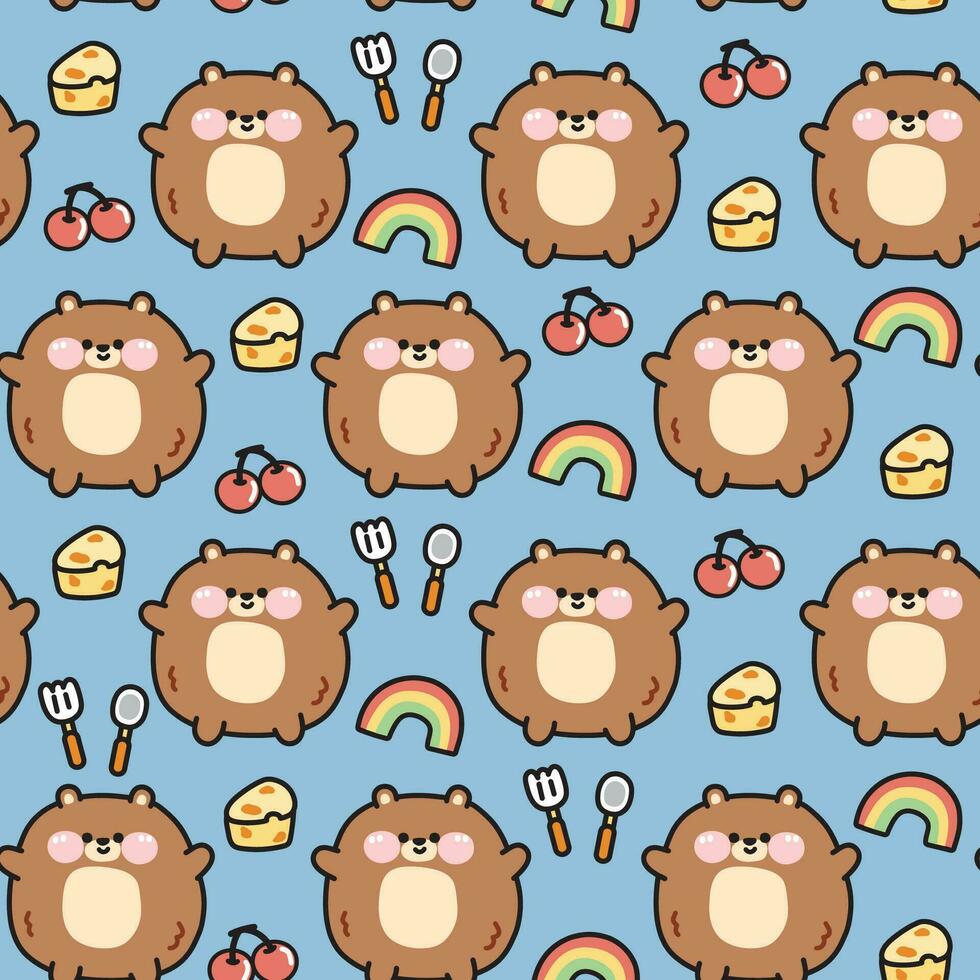 Seamless pattern of cute fat teddy bear with icon background.Chubby vector