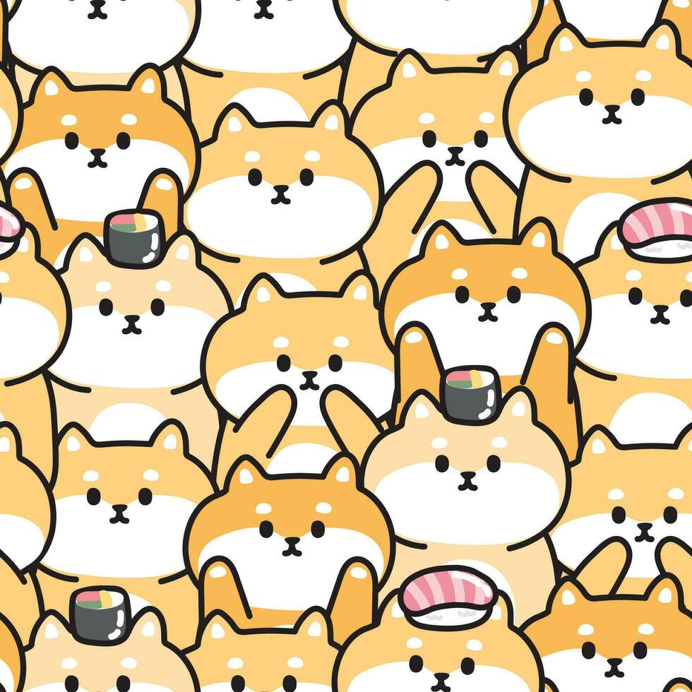 Repeat.Seamless pattern of cute shiba inu dog with sushi in various poses background.Japanese vector