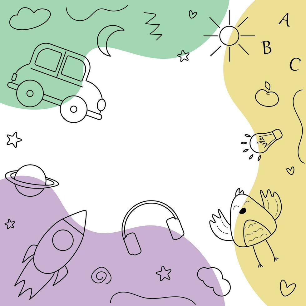 Hand drawn childish background with rocket and car vector