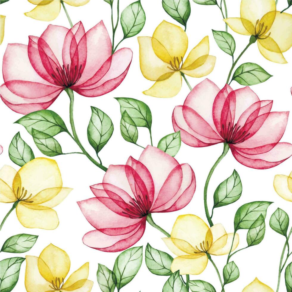 watercolor drawing, seamless pattern of transparent rose flowers in pink and yellow. delicate x-ray print vector