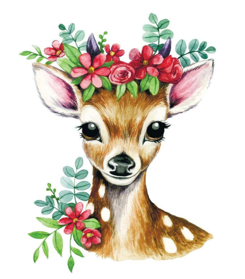 watercolor drawing of a cute deer with a wreath of spring flowers, portrait. gentle illustration for a postcard, holiday. vector