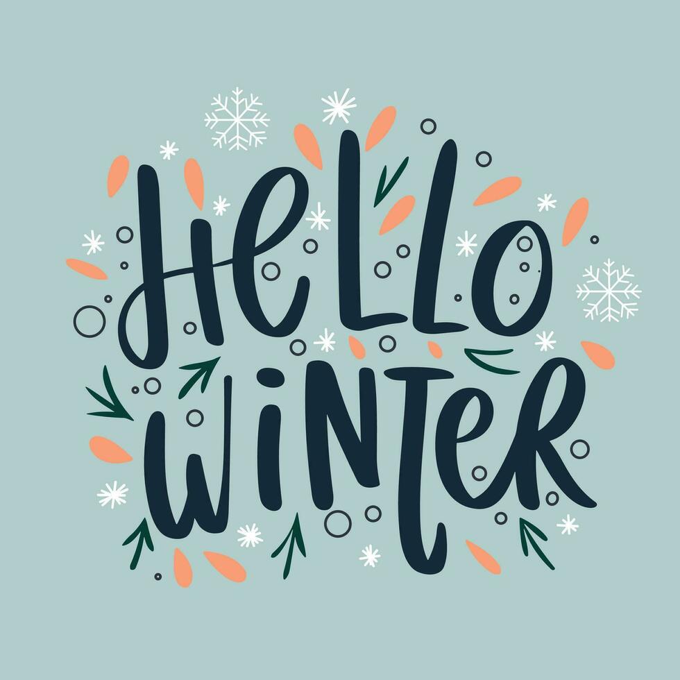 Hello winter handwriting inscription. Hello winter text banner square form. Hand drawn vector art.
