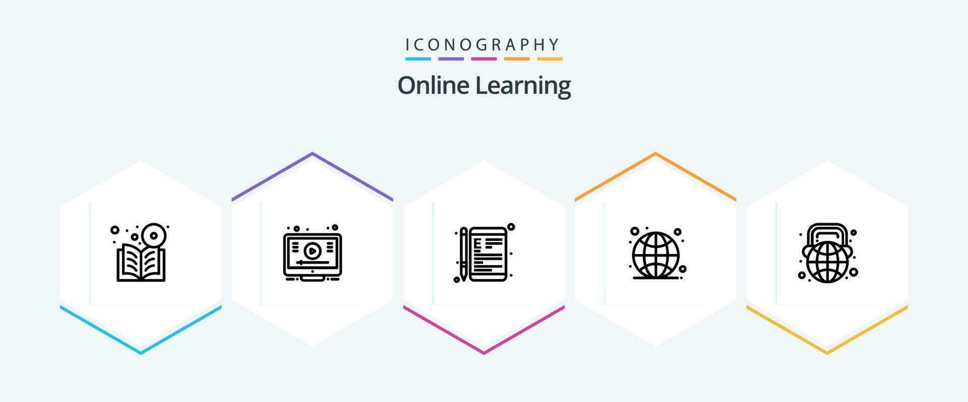 Online Learning 25 Line icon pack including live. globe. youtube. global. education vector