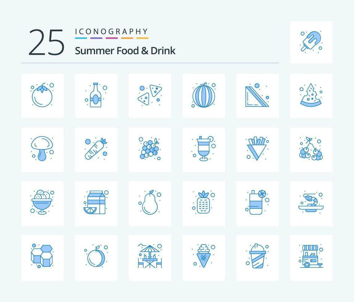 verano comida bebida 25 azul color icono paquete incluso emparedado. sandía. papas fritas. vegetal. frutas vector